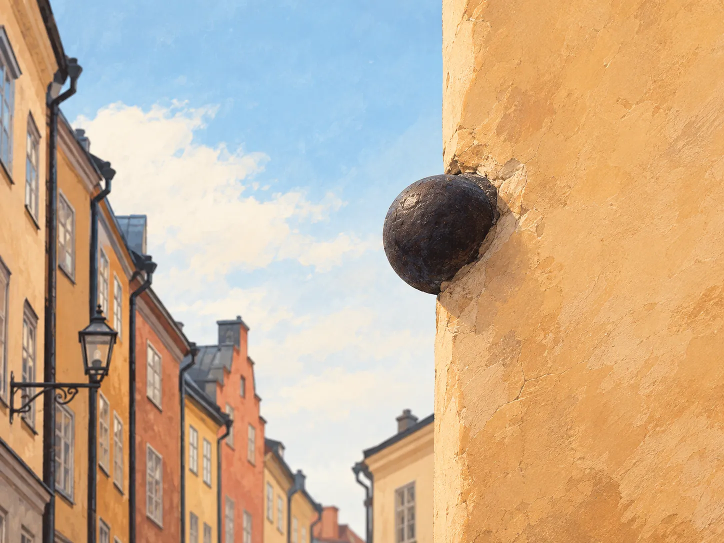 Illustration of a dark cannonball embedded in a warm yellow corner wall, overlooking a narrow street in Gamla Stan.