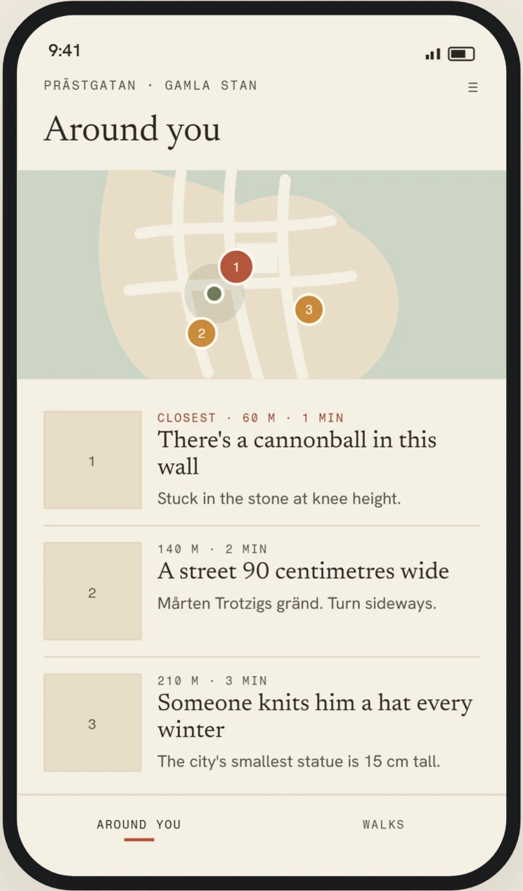 Stadlo Around you preview: a small map of Gamla Stan and three nearby stories - a cannonball, a narrow street, and a tiny statue.